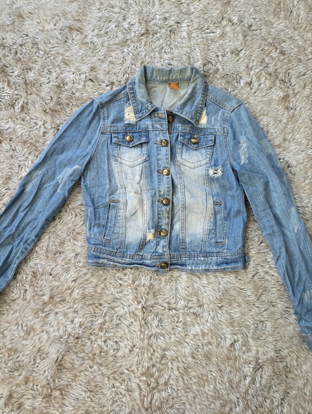Jou Jou Women's Light Blue Distressed Denim Jacket with Button Front Size Small
